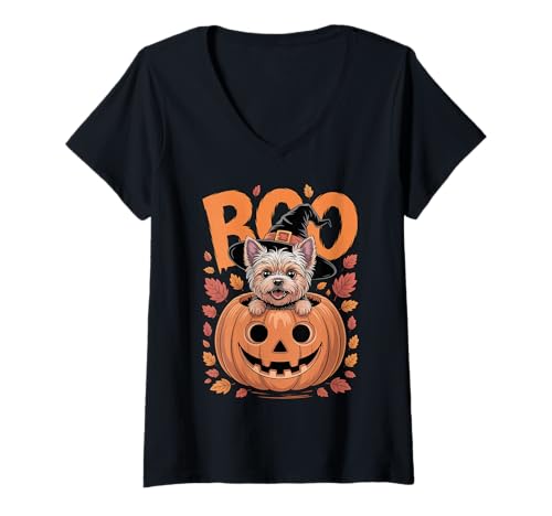 Damen Yorkie Kostüm auf Kürbis Halloween Yorkshire Terrier T-Shirt mit V-Ausschnitt Damen Yorkie Kostüm auf Kürbis Halloween Yorkshire Terrier T-Shirt mit V-Ausschnitt von Yorkshire Terrier Halloween kids, women, men