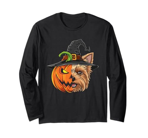 Yorkshire Terrier Kürbis Jack O Laterne Halloween Herren Damen Langarmshirt von Yorkshire Terrier Lovers Halloween Pumpkin Outfits