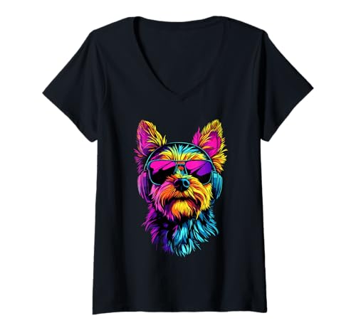 Damen Yorkshire Terrier Sonnenbrille Hunde Liebhaber Süßer Yorkie T-Shirt mit V-Ausschnitt Damen Yorkshire Terrier Sonnenbrille Hunde Liebhaber Süßer Yorkie T-Shirt mit V-Ausschnitt von Yorkshire Terrier Motiv für Frauchen & Herrchen