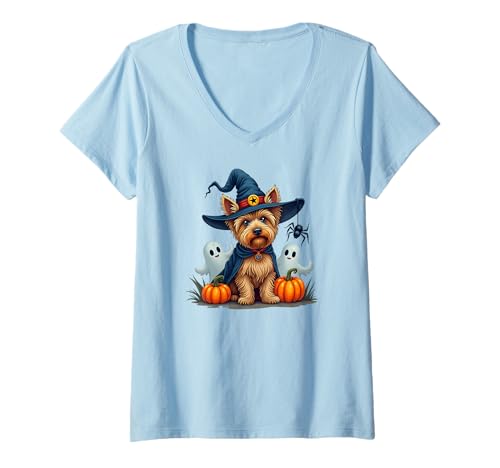 Damen Yorkie, Halloween, Yorkshire Terrier, Hexenhut T-Shirt mit V-Ausschnitt Damen Yorkie, Halloween, Yorkshire Terrier, Hexenhut T-Shirt mit V-Ausschnitt von Yorkshire Terrier Owner Gifts by Keyianna