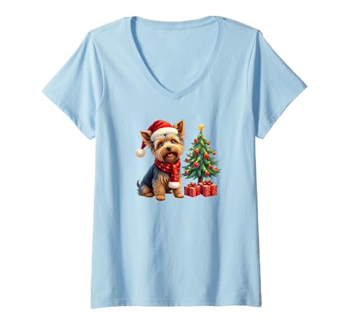 Damen Yorkie, Weihnachten, Yorkshire Terrier, Weihnachtsmannmütze T-Shirt mit V-Ausschnitt Damen Yorkie, Weihnachten, Yorkshire Terrier, Weihnachtsmannmütze T-Shirt mit V-Ausschnitt von Yorkshire Terrier Owner Gifts by Keyianna