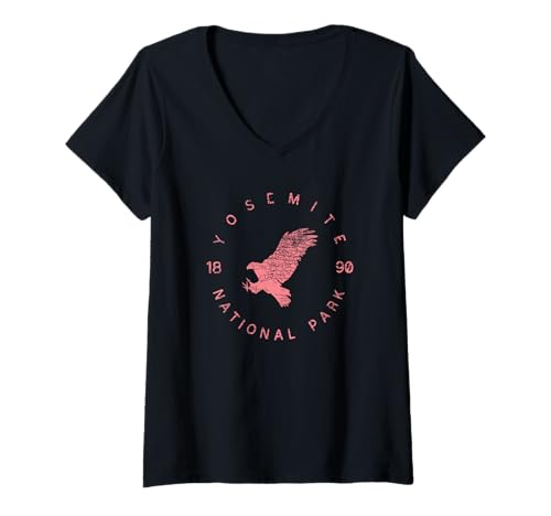 Damen Sommerurlaub in den USA, Motiv: Yosemite National Parks, rosafarbenes T-Shirt T-Shirt mit V-Ausschnitt von Yosemite Shirt Company National Parks Pink USA Fun