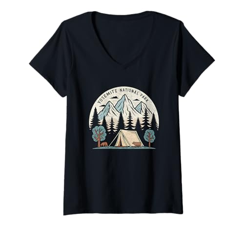 Damen Retro Yosemite National Park Camping Berge Kalifornien T-Shirt mit V-Ausschnitt Damen Retro Yosemite National Park Camping Berge Kalifornien T-Shirt mit V-Ausschnitt von Yosemite Shirt and National Park Tees