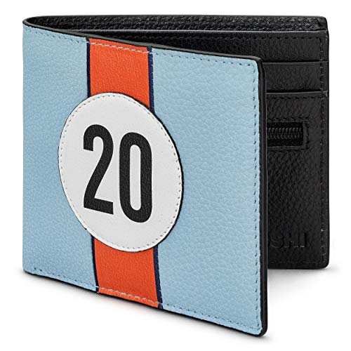Race Car Livery #20 Herren Leder b枚rse von Yoshi Echtes Blau & Schwarz Leder b枚rse RFID Blocking Wallet Slim Wallet f眉r M盲nner von Yoshi