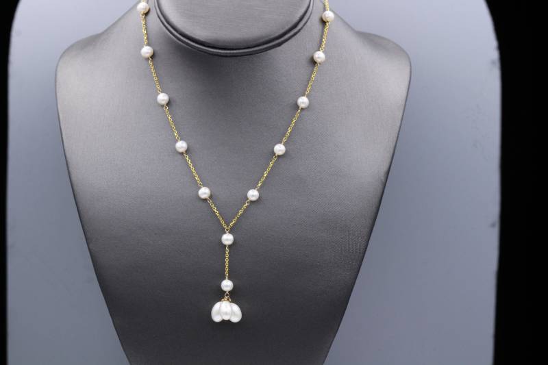Elegante Perlenkette Perlendraht Stil 14K Gelbgold Baumeln Perlen #005 von YossiJewels