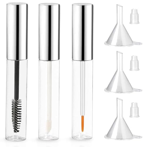 Glass Bottle with Eye Lash Brush Empty | Mascara Empty Tube | 10ml Empty Mascara Tube and Wand Glass Amber | Refillable Mascara Tube and Wand with Rubber Inserts and Funnels (Silver,1set) von Yotfieot