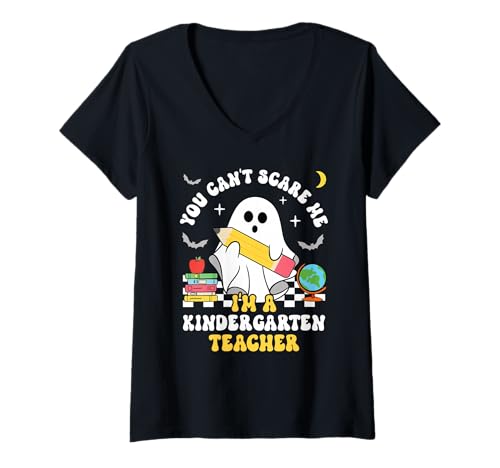 Damen Du Kannst Mich Nicht erschrecken Ich Bin eine Kindergärtnerin Halloween T-Shirt mit V-Ausschnitt von You Can't Scare Me I'm A Kindergarten Teacher