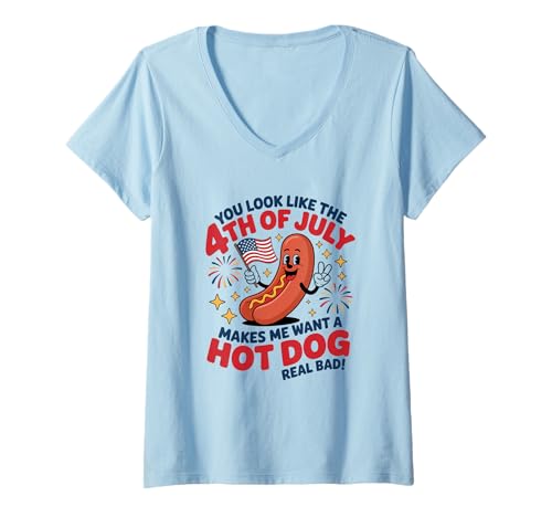 Damen You Look Like 4th of July Hotdog US Flag 4th Of July T-Shirt mit V-Ausschnitt Damen You Look Like 4th of July Hotdog US Flag 4th Of July T-Shirt mit V-Ausschnitt von You Look Like 4th of July Hotdog 4th Of July Shirt