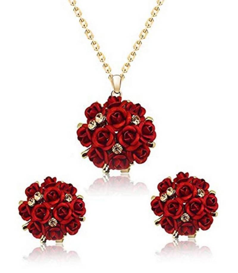 YouBella Schmuckset Crystal Rose Form Floral Halskette Set Für Frauen & Mädchen (In Box Inhalt: Halskette x 1, Paar Ohrringe x 1, Stirn Ornament x 1, Perfekt für alle Anlässe), Modischer Kunstschmuck, Vergoldet von YouBella