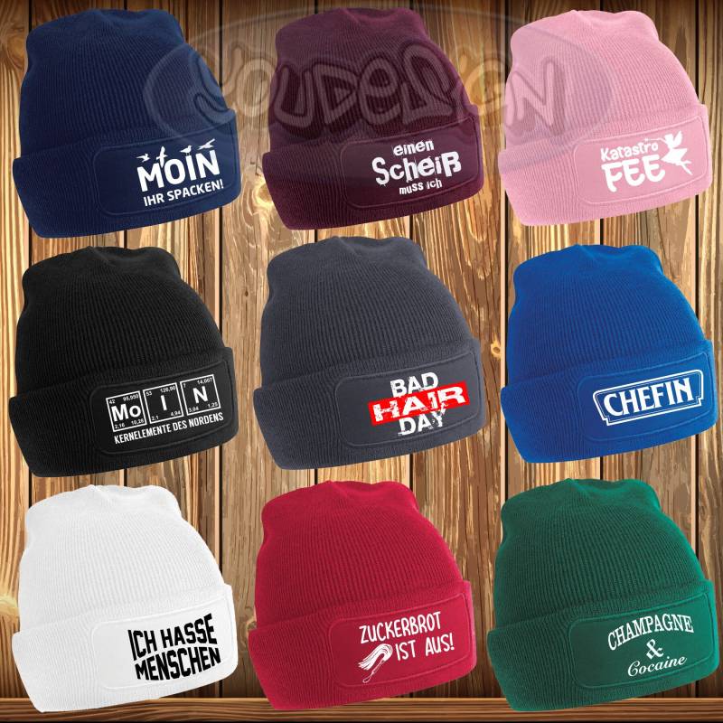 Moin Ihr Spacken Beanie Mütze Patch Nordisch Küste Möwe Chefin Bad Hair Day Champagne Ich Hasse Menschen von YouDesign24