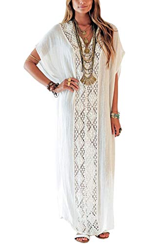 YouKD Baumwolle Hollow Up Blumen Loose Caftan Boho Beach Bikini Cover Up Kleid Übergröße Loungewear für Frauen von YouKD