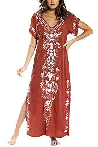 YouKD Baumwolle Kaftan Besticktes Blumenkleid Bohemian Beach Bikini Cover Up Robe Plus Size Nachthemd für Frauen von YouKD
