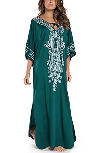 YouKD Baumwolle Kaftan Besticktes Blumenkleid Bohemian Beach Bikini Cover Up Robe Plus Size Nachthemd für Frauen von YouKD