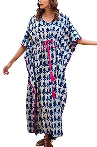 YouKD Baumwolle Kaftan Ethnisches Muster Kleid Bohemian Beach Bikini Cover Up Robe Plus Size Nachthemd für Frauen von YouKD