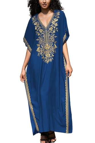 YouKD Bestickter Kaftan mit Blumenmuster, Strandkleid, Bikini-Überzug, lange Bademäntel für Damen, K Dunkelblau, One size von YouKD