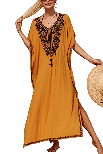 YouKD Bestickter lockerer Kaftan mit Blumenmuster Boho-Strand-Bikini-Cover-Up-Kleid Übergröße Robe für Frauen von YouKD