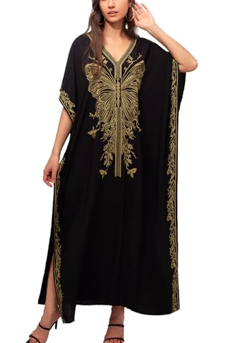YouKD Besticktes Blumen-Kaftan-Boho-Strandkleid, Bikini-Überzug, lange Bademäntel für Damen, L Schwarz, One size von YouKD