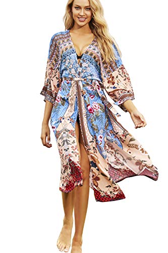 YouKD Damen Baumwoll Cardigan Bohemian Lang Kimono Beach Badeanzug Cover Up Kleid Plus Size Robe von YouKD