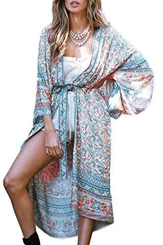 YouKD Damen Baumwoll Cardigan Bohemian Lang Kimono Beach Badeanzug Cover Up Kleid Plus Size Robe von YouKD