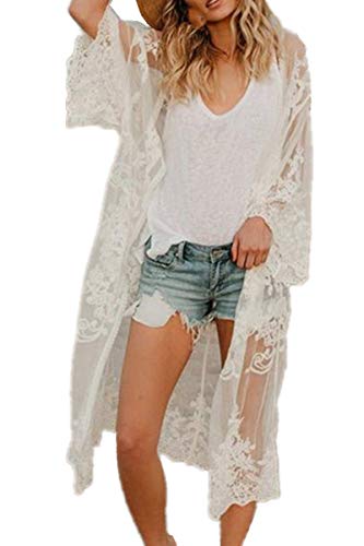 YouKD Damen Baumwollspitze Strickjacke Durchsichtiges Kleid Boho Lang Kimono Beach Badeanzug Cover Up Kleider von YouKD