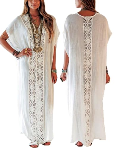YouKD Damen Baumwollspitze Strickjacke Durchsichtiges Kleid Boho Lang Kimono Beach Badeanzug Cover Up Kleider von YouKD