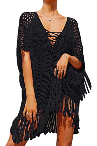 YouKD Damen Hohlstrick Tunika mit Quaste Häkeloberteile Strand Poncho Summer Beach Cover Up Kleid von YouKD