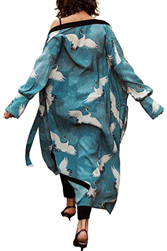 YouKD Damen Sommer Baumwolle Langarm Cardigan Maxi Boho Kleid Strand Vertuschung Robe Lang Kimono One Size von YouKD