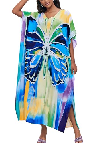 YouKD Damen Sommer Bohemian Kaftan Plus Size Robe Beach Coverup Kleid Einheitsgröße Bademäntel V-Ausschnitt von YouKD