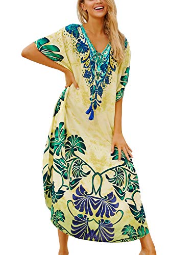 YouKD Damen Sommer Bohemian Lang Kaftan Ethnisches Muster Maxikleid Beach Bikini Cover Ups Sunblocke von YouKD