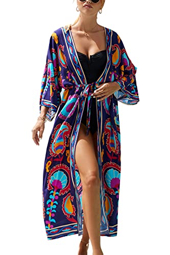 YouKD Damen Sommer Cardigan Maxi Boho Kleid Beach Coverup Robe Long Kimono One Size Bademäntel von YouKD