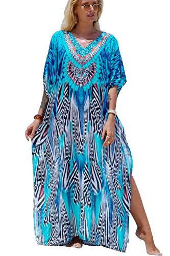 YouKD Damen Sommer Kaftan Maxi Boho Kleid Strand Vertuschung Robe Langer Kimono Einheitsgröße Bademäntel von YouKD