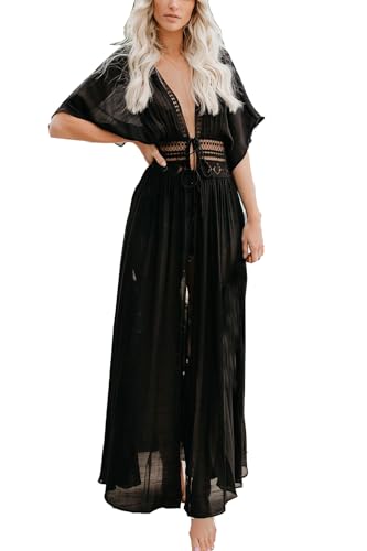 YouKD Damen Spitzen Strickjacke Durchsichtiges Kleid Boho Long Kimono Beach Badeanzug Cover Up Kleider von YouKD