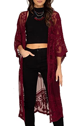 YouKD Damen Strickjacke Mit Spitze Durchsichtiges Kleid Boho Lang Kimono Strandbadeanzug Kleider Vertuschen von YouKD