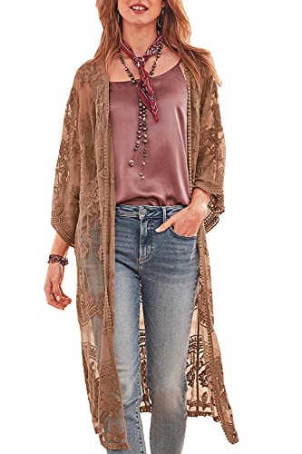 YouKD Damen Strickjacke Mit Spitze Durchsichtiges Kleid Boho Long Kimono Strandbadeanzug Kleider Vertuschen von YouKD
