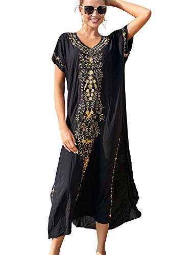 YouKD Cotton Embroidered Floral Loose Kaftan Boho Beach Bikini Cover Up Dress Plus Size Nightgown for Women von YouKD