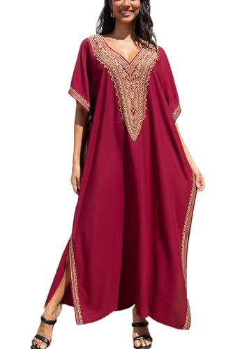 YOUKD Gesticktes Blumenmuster, geräumig, Kaftan, Boho, Strand, Bikini, Übergröße, für Frauen, J Rot, One size von YouKD