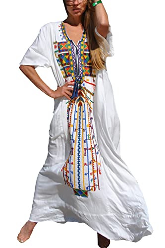 YouKD Sommer Baumwollbesticktes Blumen Langes Kaftan Bohemian Strand Badeanzug Cover Up Maxikleid für Frauen von YouKD