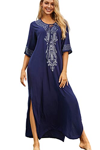 YouKD Sommer Baumwolle Bestickt Blumen Lose Caftan Boho Beach Bikini Cover Up Kleid Plus Size Robe für Frauen von YouKD