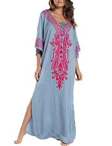 YouKD Sommer Baumwolle Bestickt Blumen Lose Caftan Boho Beach Bikini Cover Up Kleid Plus Size Robe für Frauen von YouKD