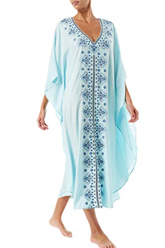 YouKD Sommer Baumwolle Bestickt Blumen Lose Caftan Boho Beach Bikini Cover Up Kleid Plus Size Robe für Frauen von YouKD