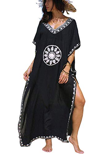 YouKD Sommer Baumwolle Bestickt Blumen Lose Caftan Boho Beach Bikini Cover Up Kleid Plus Size Robe für Frauen von YouKD