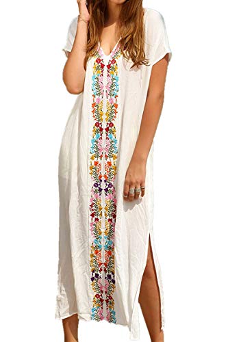 YouKD Sommer Baumwolle Bestickt Blumen Lose Caftan Boho Beach Bikini Cover Up Kleid Plus Size Robe für Frauen von YouKD