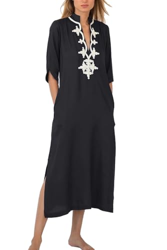 YouKD Sommer Besticktes Blumen Langes Kaftan Böhmischer Kimono Strand Badeanzug Vertuschung Maxikleid für Frauen von YouKD