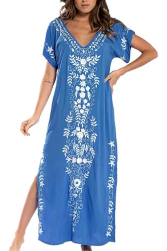 YouKD Sommer Gestickte Blumen Lange Strickjacke Böhmischen Kimono Beach Badeanzug Cover Up Plus Size Kleid für Frauen von YouKD