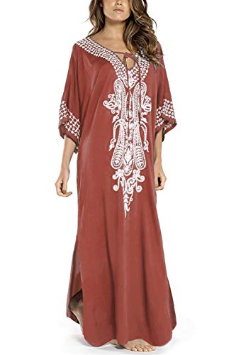 YouKD Summer Cotton bestickte Florale lose Caftan Boho Strandbikini Vertuschungskleid Plus Size Robe für Frauen von YouKD