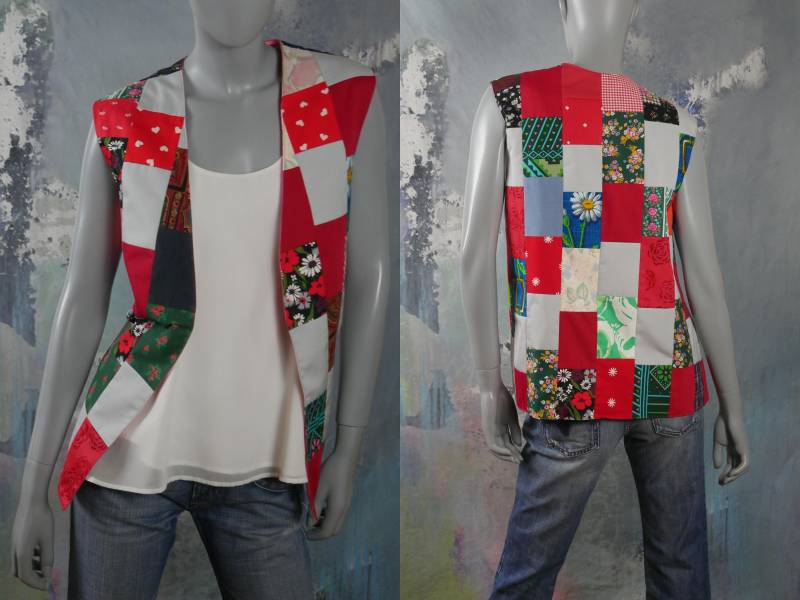 Crazy Quilt Weste, Large, Größe 12 Usa, 1980Er Vintage Offene Front Lange Boho Hippie Baumwollweste Crazy Quilt Weste, Large, Größe 12 Usa, 1980Er Vintage Offene Front Lange Boho Hippie Baumwollweste von YouLookAmazing