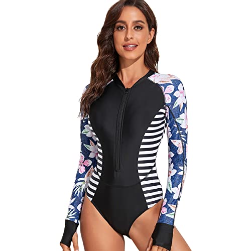 YouNaiJia Damen Rash Guard Lange Ärmel EIN Stück Badeanzug Zipper Print Badeanzug Sport Surfen Badebekleidung(M, Y1) von YouNaiJia