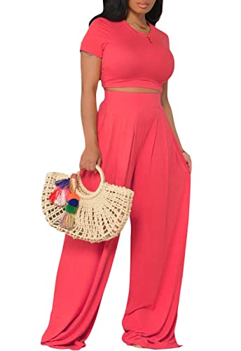 Lässige Sommer-Outfits für Damen, kurzärmelig, bauchfrei, hohe Taille, breites Bein, Hosen-Sets, Orange Red3-9708, XX-Large von YouSexy