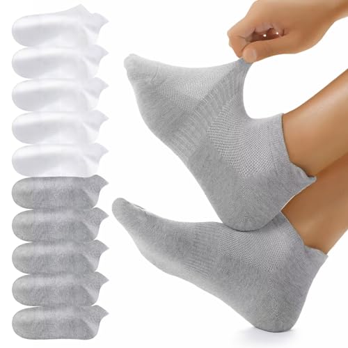 YouShow 10 Paar Sneaker Socken Herren Baumwolle Sportsocken Damen Laufsocken Atmungsaktiv Kurz Socken Weiß Grau 35-38 von YouShow