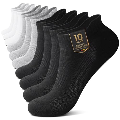 YouShow 10 Paar Sneaker Socken Herren Schwarz Weiß Grau 43-46 Baumwollsocken Damen Halbsocken Atmungsaktiv Sportsocken Kurze Laufsocken von YouShow